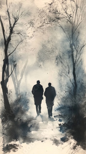 Misty Forest Path with Silhouetted Figures Walking