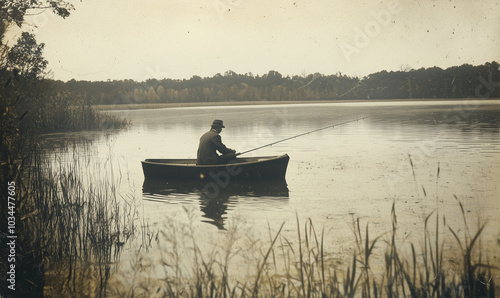 Man fishing in the pond in the morning, vintage old photo, generated by ai