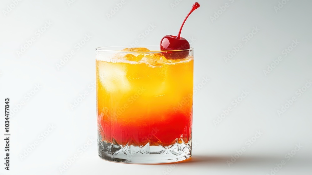 A tequila sunrise with colorful layers and a cherry garnish, styled against a white background for a vibrant restaurant menu display A tequila sunrise with colorful layers and a cherry garnish, styled against a white background for a vibrant restaurant menu display