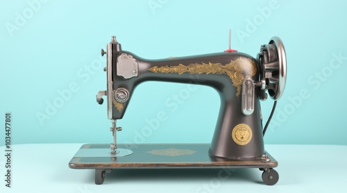 Antique sewing machine with intricate designs, positioned against a light blue background in a modern display setting