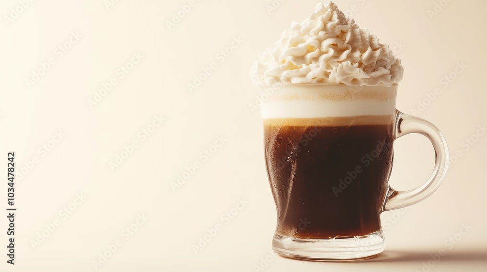 An Irish coffee with whipped cream, its rich tones standing out on a white background, designed for a cozy restaurant menu An Irish coffee with whipped cream, its rich tones standing out on a white background, designed for a cozy restaurant menu