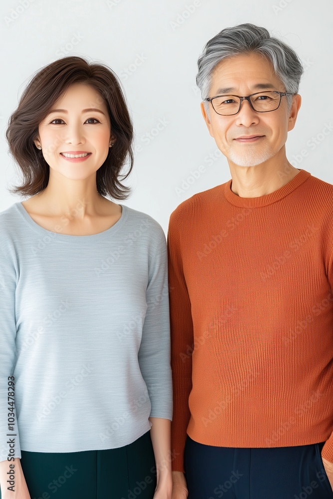 A Beautiful Mid-Aged Asian Couple Smiling Together Against a Bright Indoor Background A Beautiful Mid-Aged Asian Couple Smiling Together Against a Bright Indoor Background