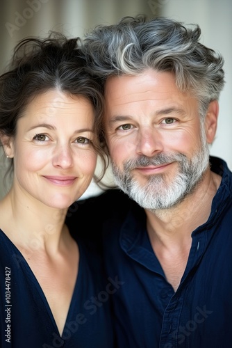 Attractive European Mid-Age Couple Smiling Warmly in a Cozy Indoor Setting During the Afternoon