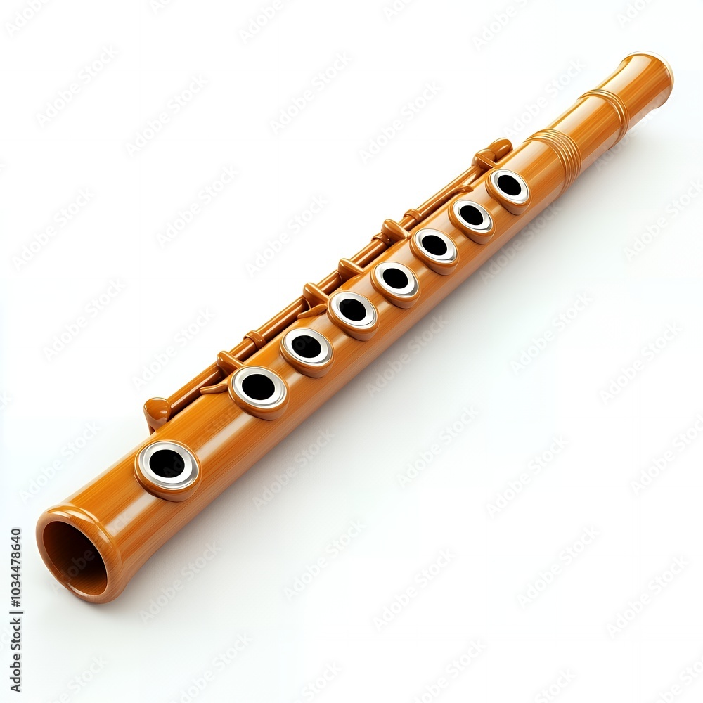 Naklejka premium An orange woodwind flute with silver keys rests on a white background.