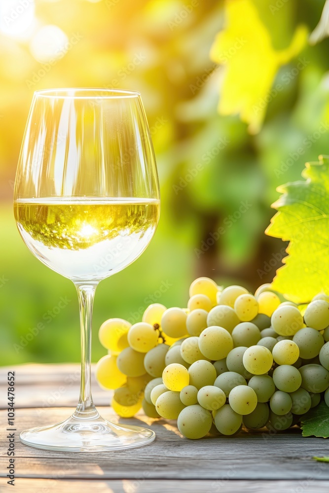 A Glass of Wine Beside Grapes at a Vineyard During the Golden Hour Light A Glass of Wine Beside Grapes at a Vineyard During the Golden Hour Light