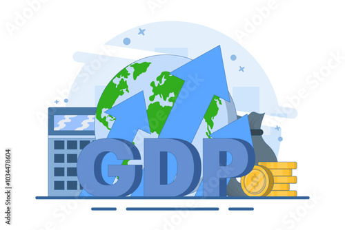 gross domestic product concept, money pile, national economy, monetary policy, GDP, economic growth, public finance, growth graph and chart. flat vector illustration.