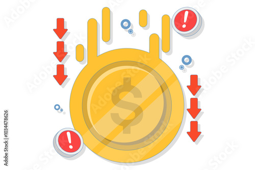 dollar currency depreciation concept. dollar value keeps decreasing. financial problems. dollar coin with down arrow and warning sign. flat style design vector illustration.