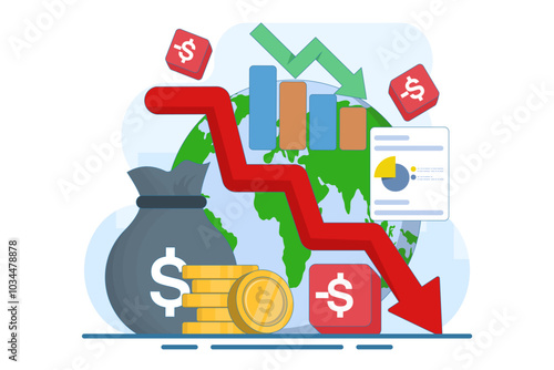 Financial crisis, Economic recession, Market crash, Bankruptcy, Company failure, Debt, Loss of money income, Financial growth and economic downturn, Financial failure. Vector illustration.