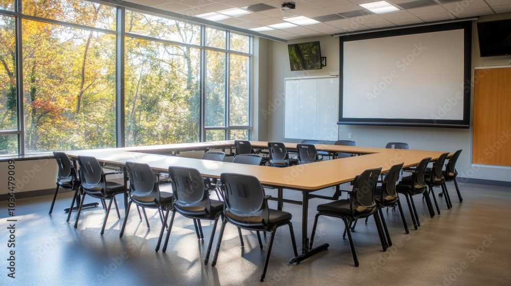Spacious Classroom Setup With Large Tables, Windows, and Ample Seating for Group Discussions or Classes. Generative AI Spacious Classroom Setup With Large Tables, Windows, and Ample Seating for Group Discussions or Classes. Generative AI