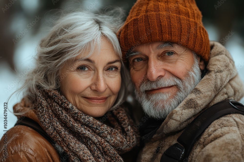 A couple embraces in winter attire during a snowy day in a serene forest setting A couple embraces in winter attire during a snowy day in a serene forest setting