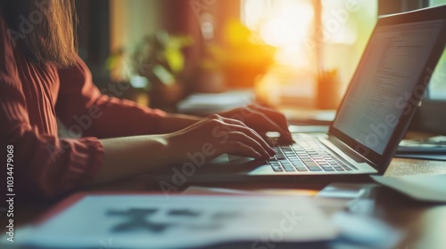 Woman typing on a laptop with documents on the side, backlit by sunset through a window photo