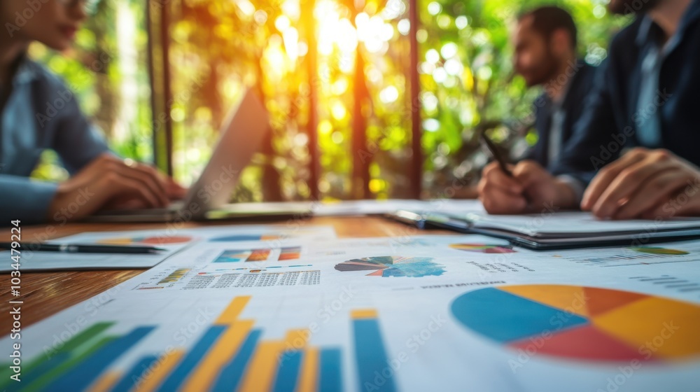 Business professionals examining financial charts and graphs on a wooden table, backlit by natural sunlight Business professionals examining financial charts and graphs on a wooden table, backlit by natural sunlight