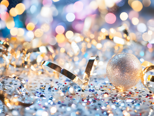 Festive Silver Ornament with Confetti and Bokeh Lights for Holiday Background