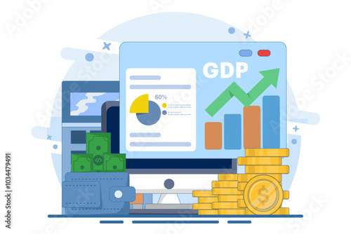 gross domestic product concept, money pile, national economy, monetary policy, GDP, economic growth, public finance, growth graph and chart. flat vector illustration.