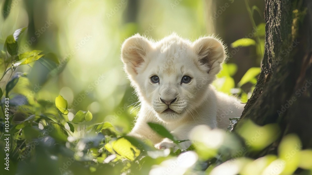 Rare white lion cub playing in a lush environment Rare white lion cub playing in a lush environment
