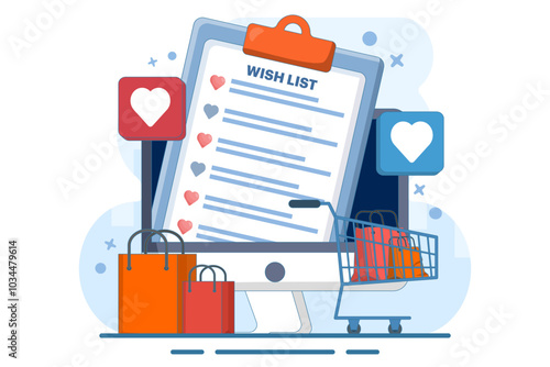 shopping wish list concept, online product wish list, gift and shopping list, my order list, add to cart, products in stock, retail store, e-commerce website, user account abstract metaphor.