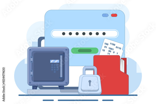 Concept of data encryption vault with password, encryption of personal data on internet resources. technology to protect privacy data. flat vector illustration on background.