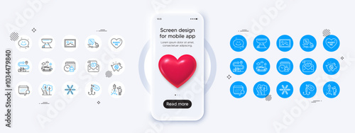 Phone mockup with 3d heart icon. Love letter, Snowflake and Puzzle time line icons. Pack of Fireworks, Grill, Marry me icon. Deckchair, Photo, Fishing lure pictogram. Vector