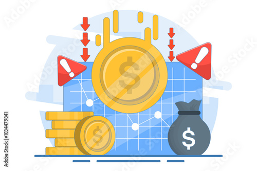 dollar currency depreciation concept. dollar value keeps decreasing. financial problems. dollar coin with down arrow and warning sign. flat style design vector illustration.