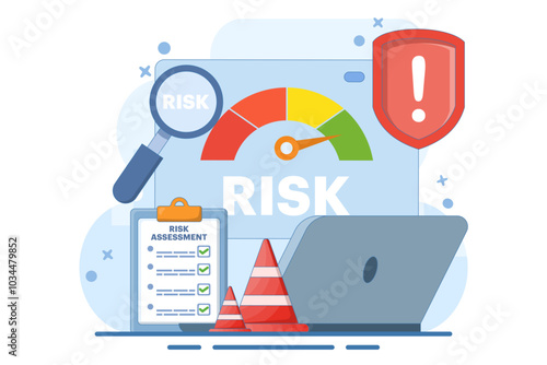 risk assessment concept with speedometer, Risk management. analyzing speedometer data, solving problems, creating recovery strategies. crisis management. Flat illustration vector template.