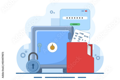 Concept of data encryption vault with password, encryption of personal data on internet resources. technology to protect privacy data. flat vector illustration on background.