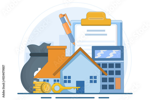 Real estate investment concept or buying a house, rent or loan a house or investing money for real estate, Buying property, Saving money to buy a house, People buying a house, flat vector illustration