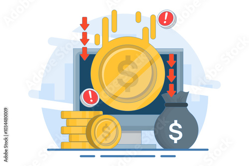 dollar currency depreciation concept. dollar value keeps decreasing. financial problems. dollar coin with down arrow and warning sign. flat style design vector illustration.