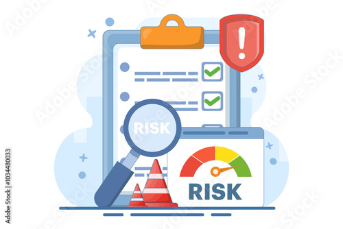 risk assessment concept with speedometer, Risk management. analyzing speedometer data, solving problems, creating recovery strategies. crisis management. Flat illustration vector template.