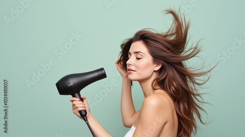 A woman using a hair dryer with flowing hair against a soft green background during a beauty routine