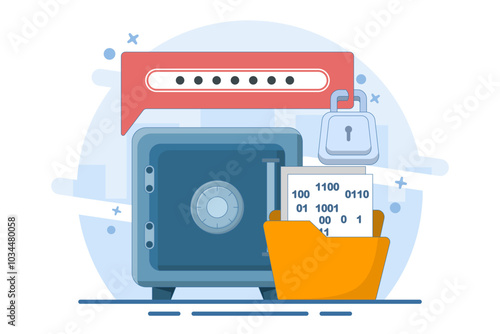 Concept of data encryption vault with password, encryption of personal data on internet resources. technology to protect privacy data. flat vector illustration on background.