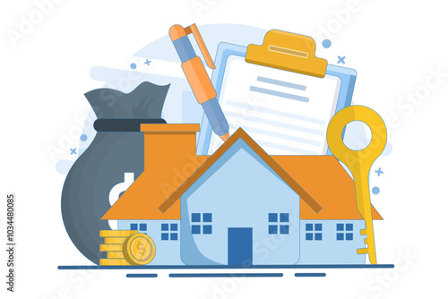 Real estate investment concept or buying a house, rent or loan a house or investing money for real estate, Buying property, Saving money to buy a house, People buying a house, flat vector illustration