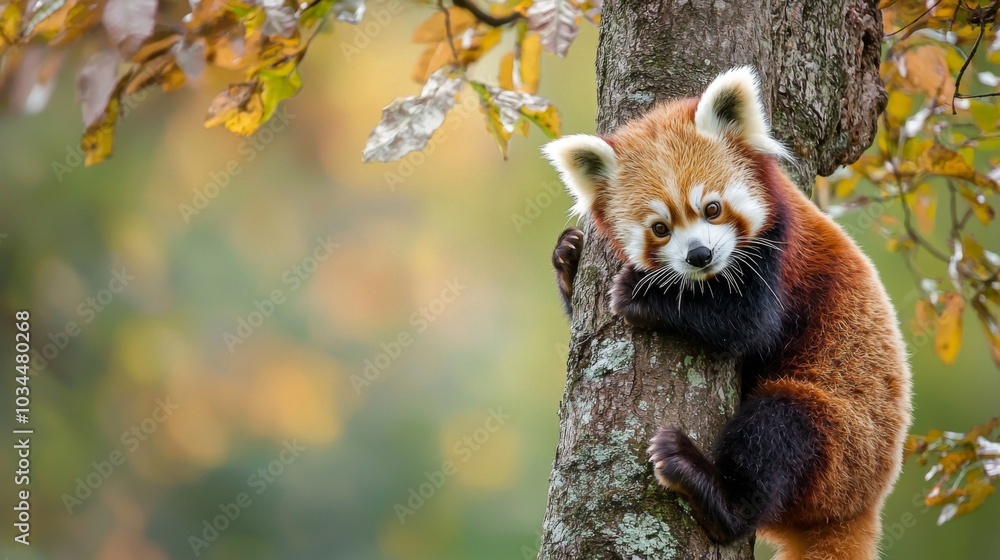 Fototapeta premium Red panda climbing a tree, showcasing its playful nature