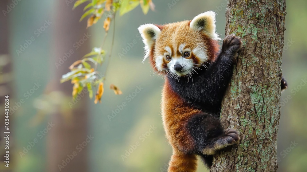 Red panda climbing a tree, showcasing its playful nature Red panda climbing a tree, showcasing its playful nature