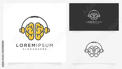 Abstract vector of headphone and brain icons symbols. Creative mental health relaxation logo design ideas.