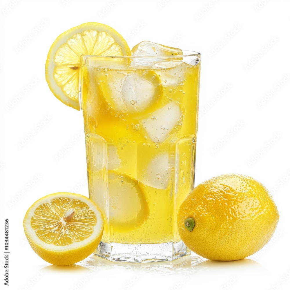 Refreshing glass of lemonade with ice cubes and a lemon slice isolated on white background Refreshing glass of lemonade with ice cubes and a lemon slice isolated on white background