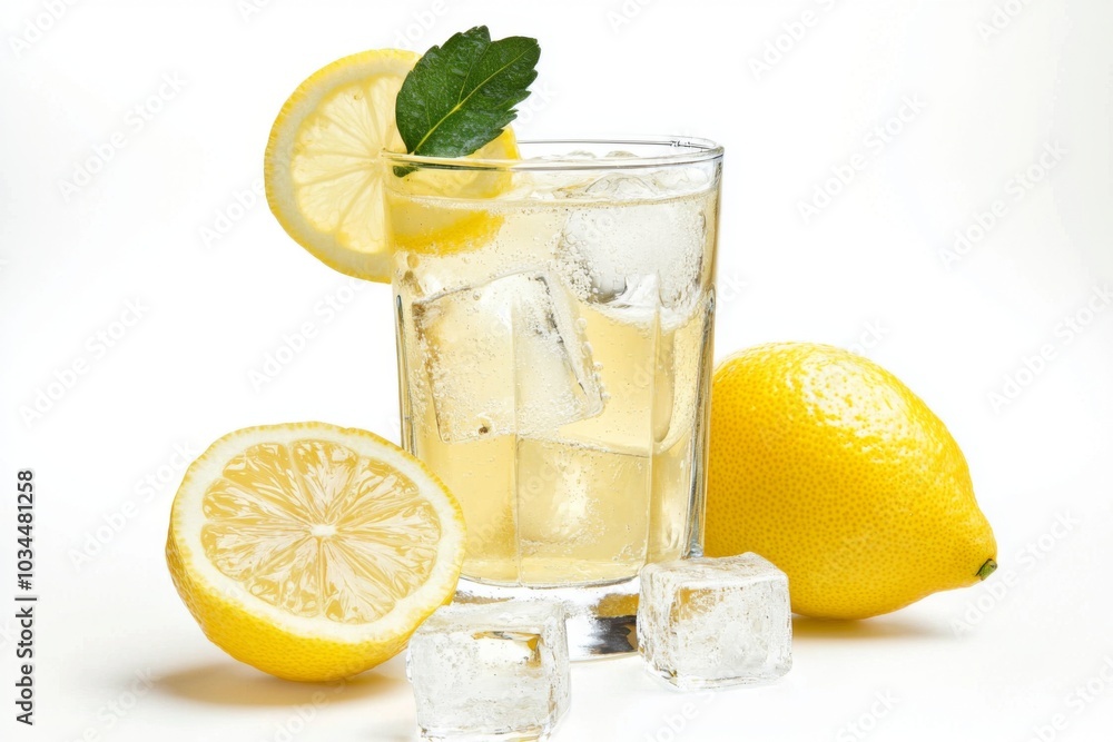 Refreshing glass of lemonade with ice cubes and a lemon slice isolated on white background Refreshing glass of lemonade with ice cubes and a lemon slice isolated on white background