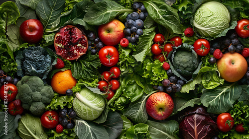 Variedad de frutas y verduras frescas sobre hojas verdes photo