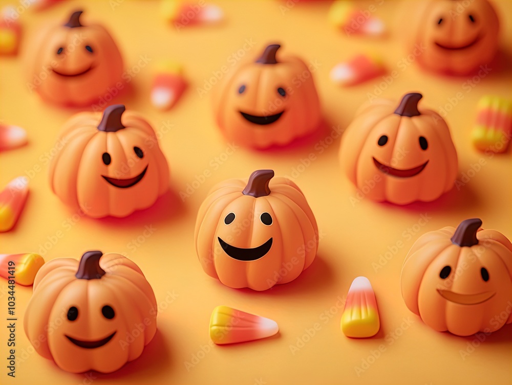 Obraz premium Whimsical Smiling Orange Pumpkins and Candy Corn: Perfect for Festive Posters or Cheerful Halloween Decor in Sports Interiors!