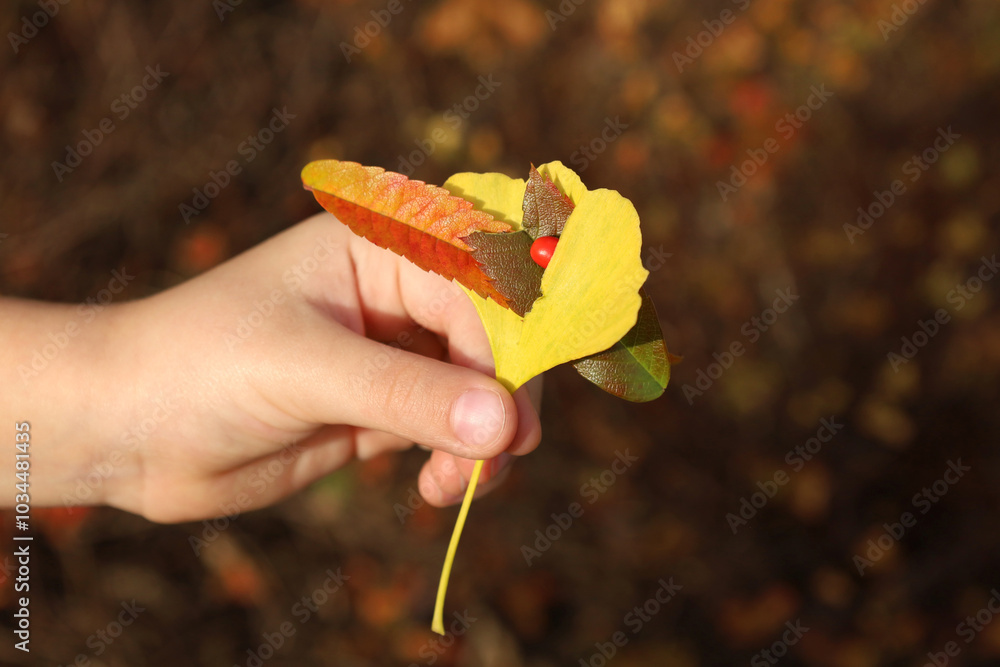 Child hand holding autumn small craft made from natural materials: colorful leaves and red berry. Blurred brown nature background with copy space. Horizontal image. Fall concept.