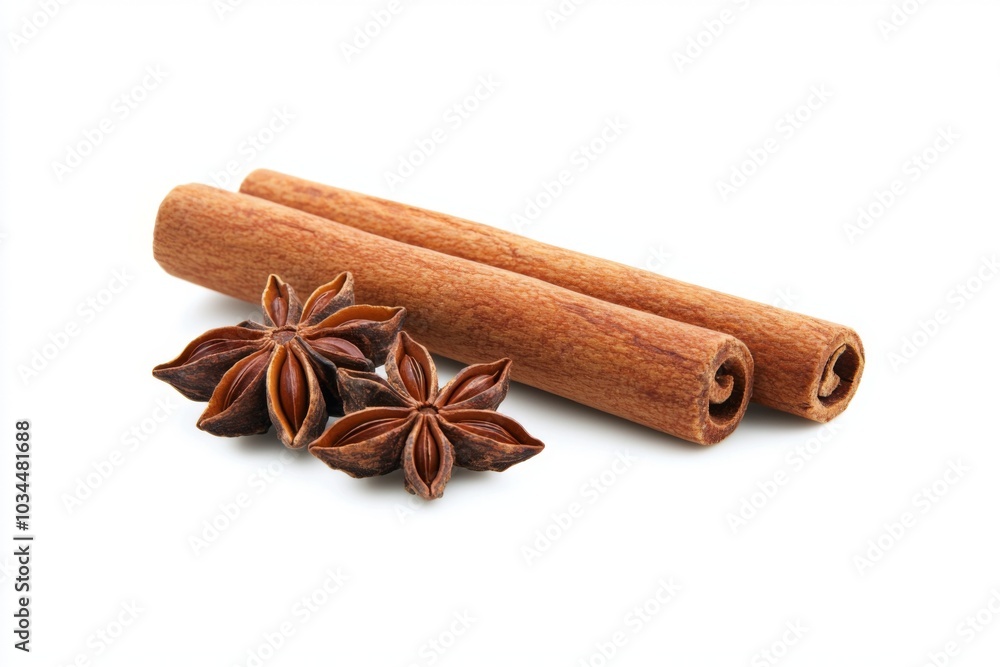 Cinnamon stick and star anise, conveying warmth and flavor isolated on white background Cinnamon stick and star anise, conveying warmth and flavor isolated on white background