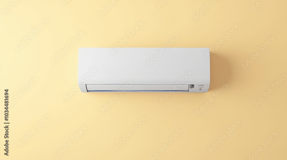 Indoor air conditioning unit mounted on a yellow wall, proactively providing cooling for comfort in warm conditions Indoor air conditioning unit mounted on a yellow wall, proactively providing cooling for comfort in warm conditions