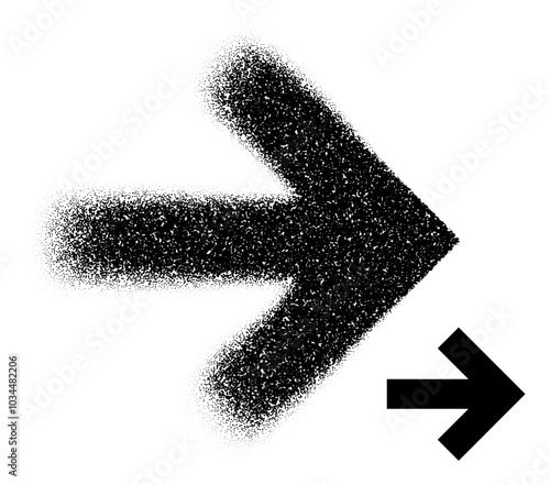 A thick right-pointing arrow created in both scattered dot art and solid black styles, symbolizing direction. Vector illustration.