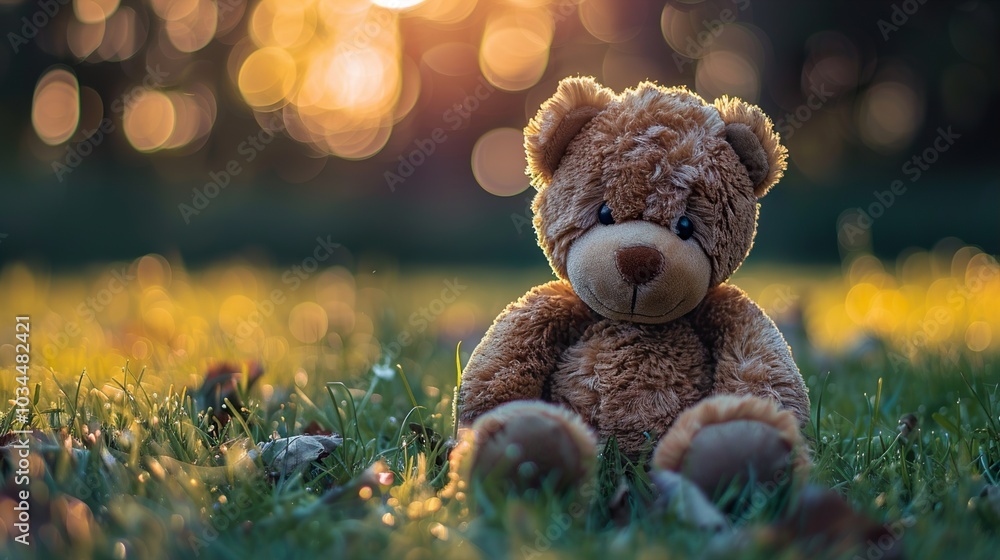 Adorable Teddy Bear Sitting in the Grass at Sunset Adorable Teddy Bear Sitting in the Grass at Sunset