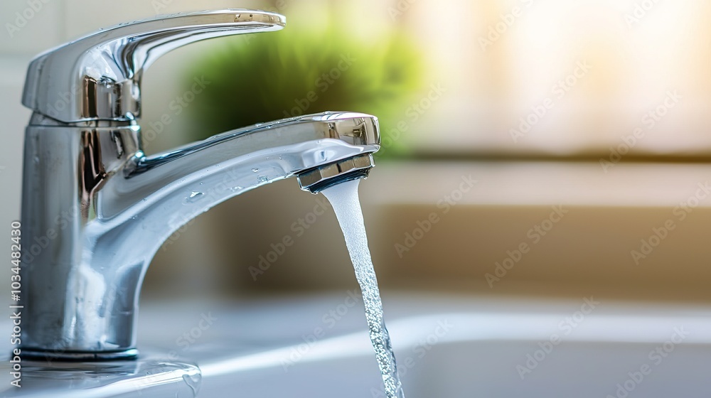 A shiny kitchen faucet with water flowing from it, reflecting natural light in a serene setting. A shiny kitchen faucet with water flowing from it, reflecting natural light in a serene setting.