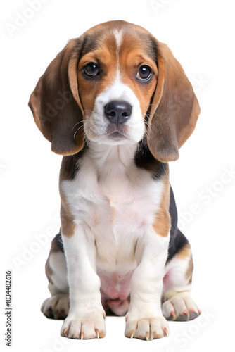 Cute beagle puppy sitting against a white backdrop