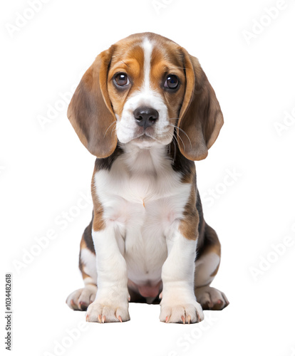 Cute beagle puppy sitting against white background