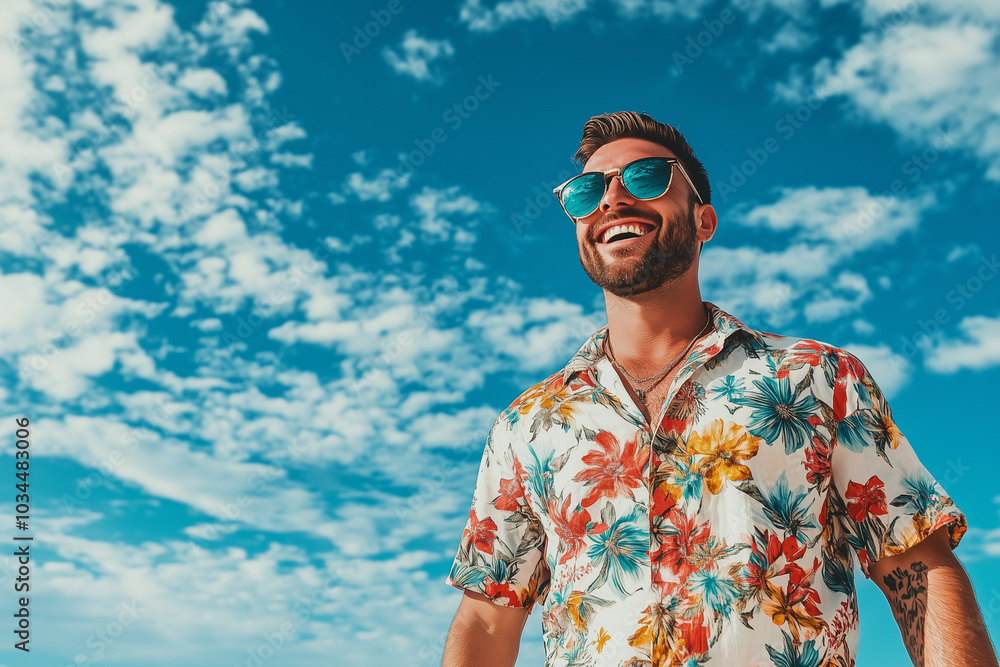 A young man in his thirties, wearing sunglasses and summer attire with floral patterns on the shirt, is smiling while standing at the beach. The background features a blue sky with white clouds, A young man in his thirties, wearing sunglasses and summer attire with floral patterns on the shirt, is smiling while standing at the beach. The background features a blue sky with white clouds,