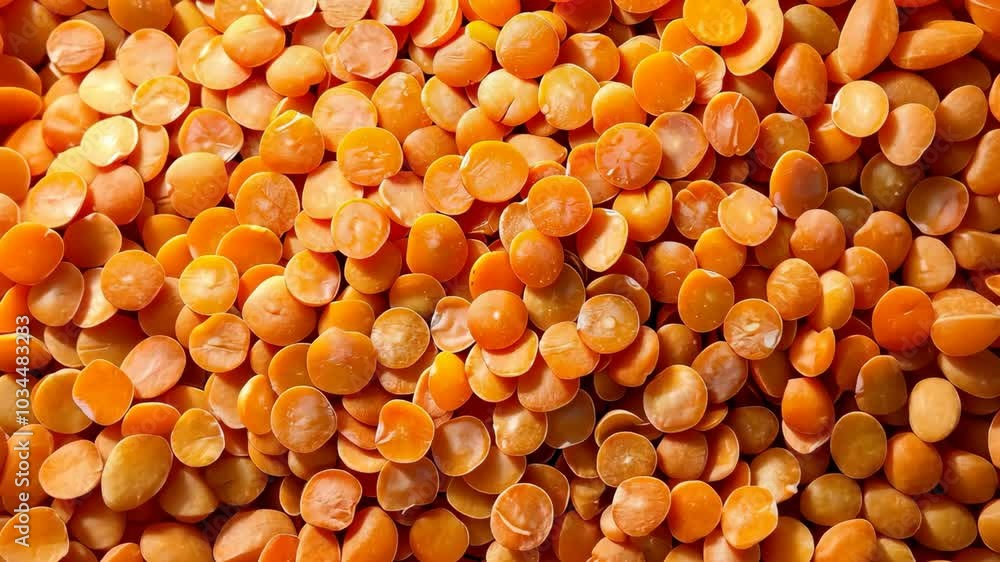 A close-up view of red lentils, a popular ingredient in many cuisines, shows the lentils' orange hue and round shape A close-up view of red lentils, a popular ingredient in many cuisines, shows the lentils' orange hue and round shape