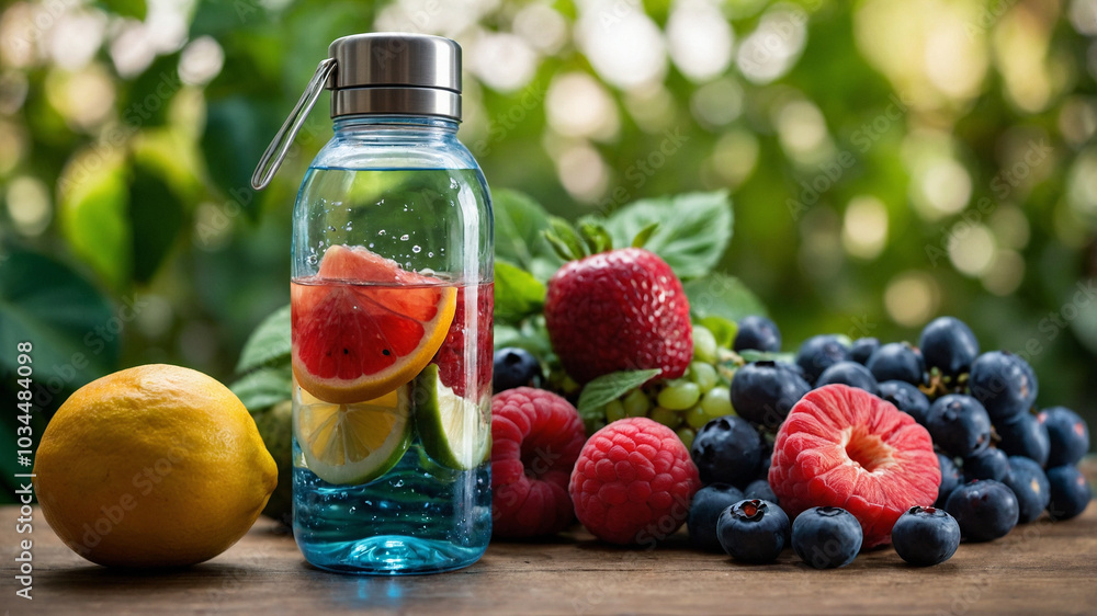 Water bottle surrounded by colorful fruits and herbs. Water bottle surrounded by colorful fruits and herbs.