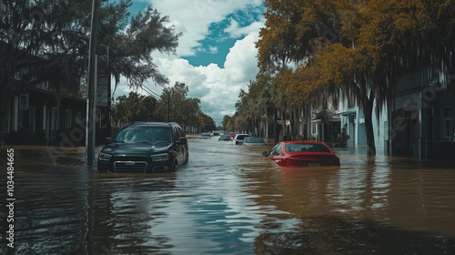 Cars driving through a flooded street after a natural disaster, with houses and trees lining the street photo